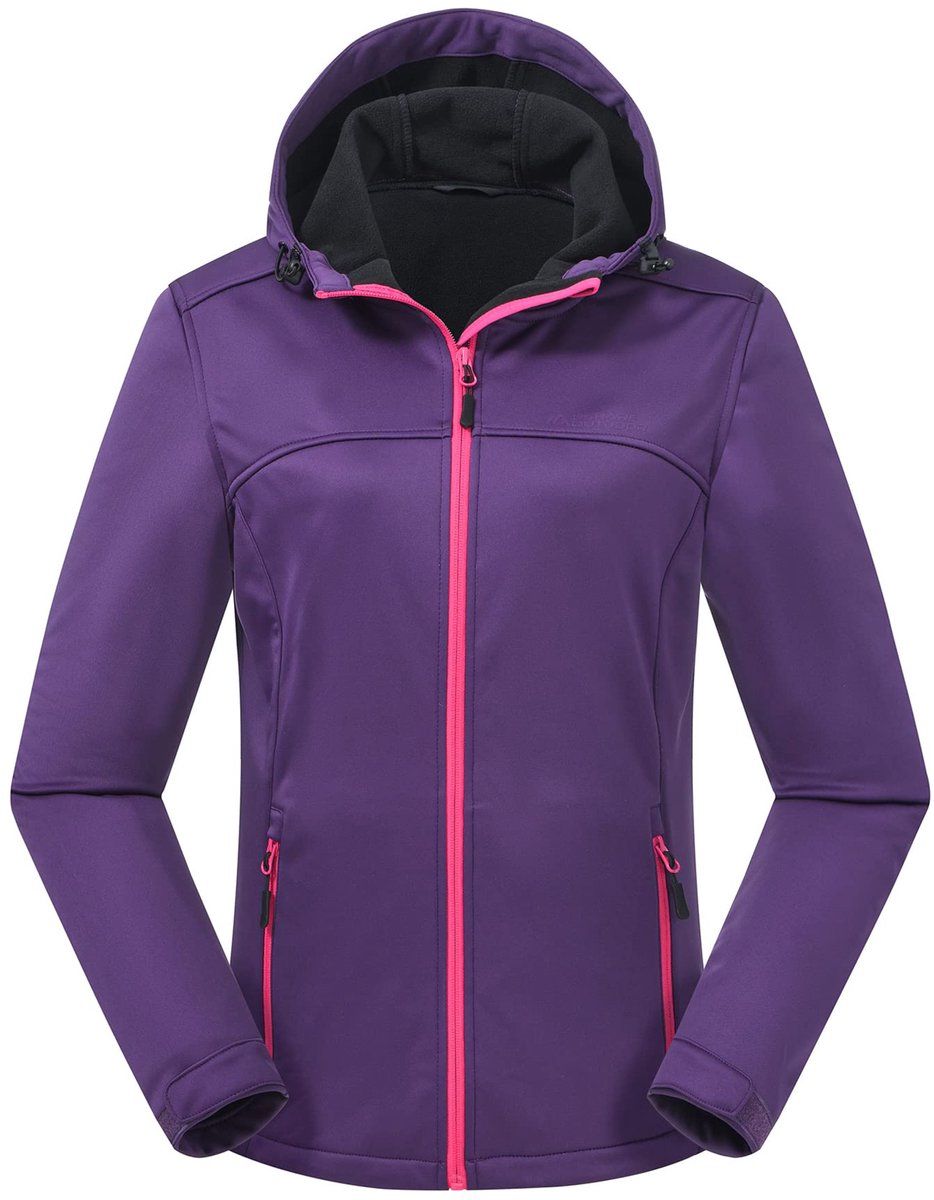 ATLASLAVA Dames softshelljack waterdicht ademend lichtgewicht fleece met capuchon geschikt als tussenjack hardloopjack of wandeljack. Paars