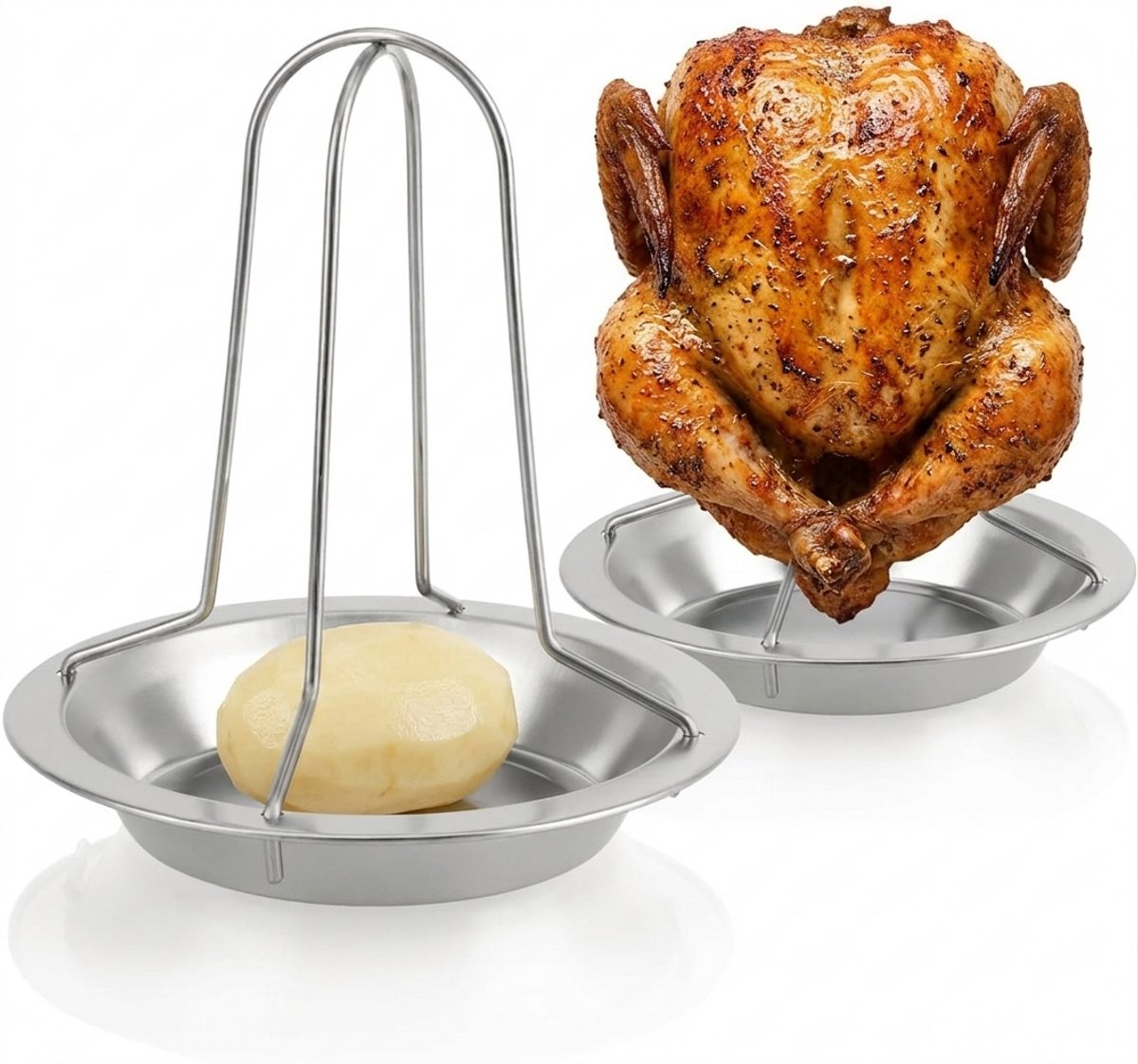 Livatto 2x Kippengrill - BBQ Kipbrander voor Gegrilde Kippen - Gevogeltehouder met Lekbak voor Oven en Grill - RVS 430