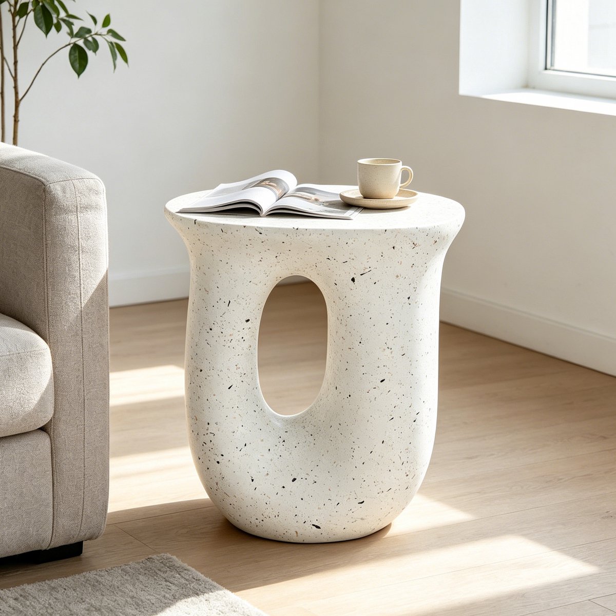 FATIVO Bijzettafel - Lichtgewicht Beton Look - Binnen & Buiten - Gebroken wit - 42.5x33x45cm