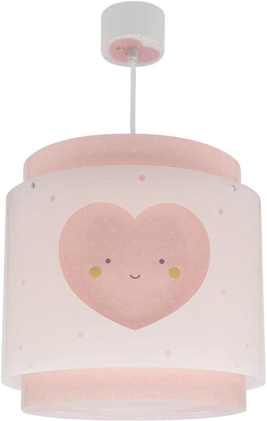 Hanglamp met een roze hart met gezichtje en stippen. Dubbele laag lampenkap.