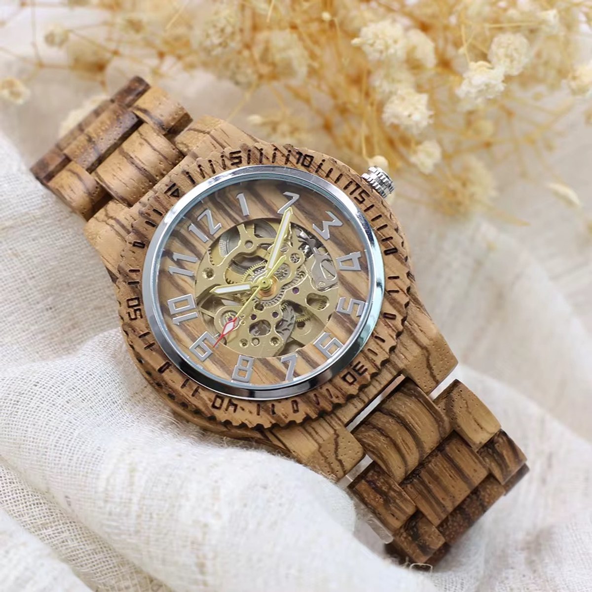 Wood Skeleton Horloge | Waterafstotend | Cadeau Giftbox | Hout & Goudkleurig | Automatic Horloges | Automatisch Watchwinder | Skeleton Herenhorloge