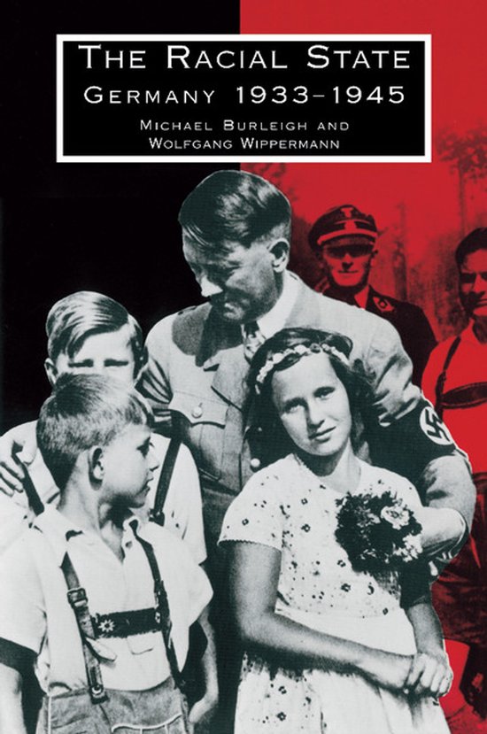 Boekhoes met Hitler in uniform, omringd door kinderen en een man in een SS-uniform. Titel: The Racial State Germany 1933-1945.