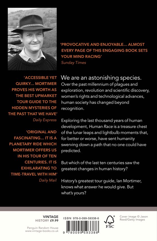 Dos du livre "Human Race", avec une photo d'Ian Mortimer et des citations de critiques.