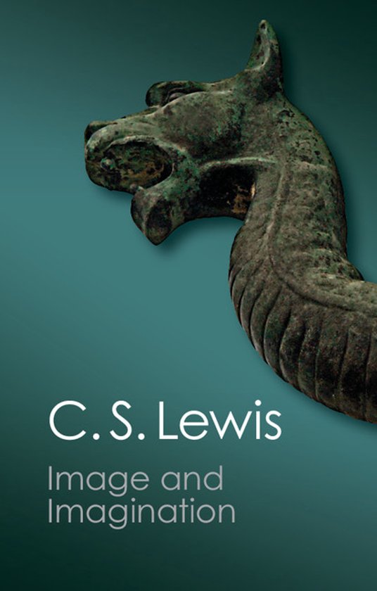 Boek "Image and Imagination" van C.S. Lewis met een close-up van een bronzen drakenkop.