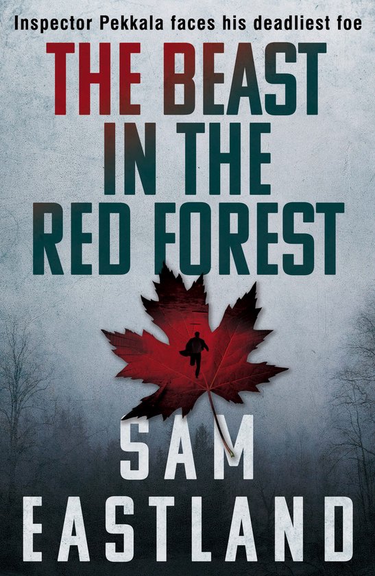 Boekomslag "The Beast In The Red Forest" met een lopend silhouet op een rood blad.