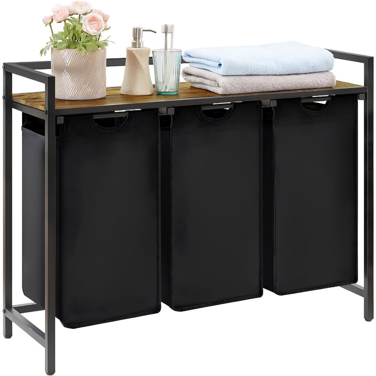 SP® Wasmand - 120L Wasmand 3 Vakken - Wassorteerder - Zwart - 92cm x 36cm x 8cm