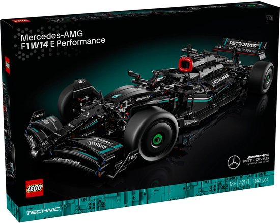 Boîte de la voiture de course LEGO Technic Mercedes-AMG F1 W14 E Performance, avec une image de la voiture.