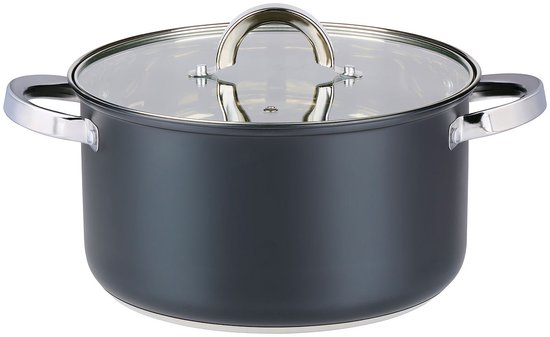 Casserole grise avec couvercle en verre et poignées en acier inoxydable, capacité 6.1L, diamètre 24cm.