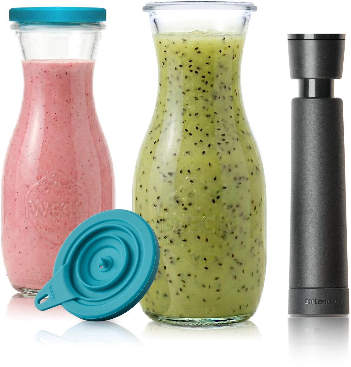 Airtender Smoothie Saver (2st.) | 2x Vacuüm karaf van glas (500ml) | 2x Vacuümdeksel + GRATIS -pomp | 100% Plasticvrij | Smoothies, juices en shakes tot 5x langer vers, kleurrijk en vitaminerijk | Maak smoothies voor de hele week! | + To-Go Clip
