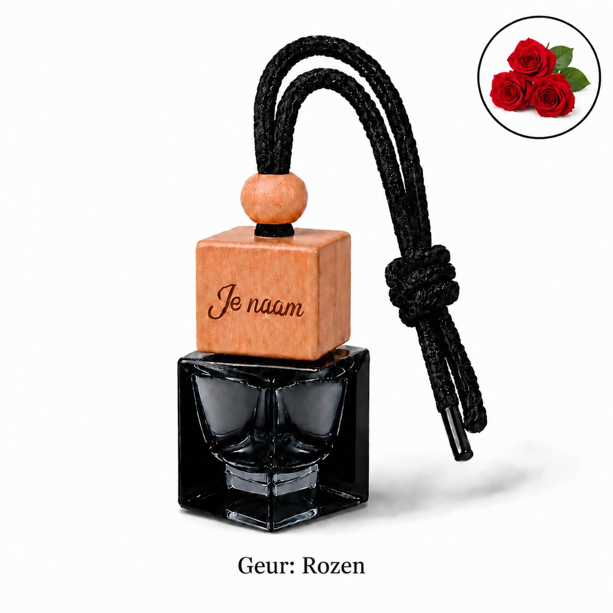 Autoparfum (met eigen naam) - Rozen - Huisparfum - Laser gegraveerd - Hanger met koord - 8 ml inhoud