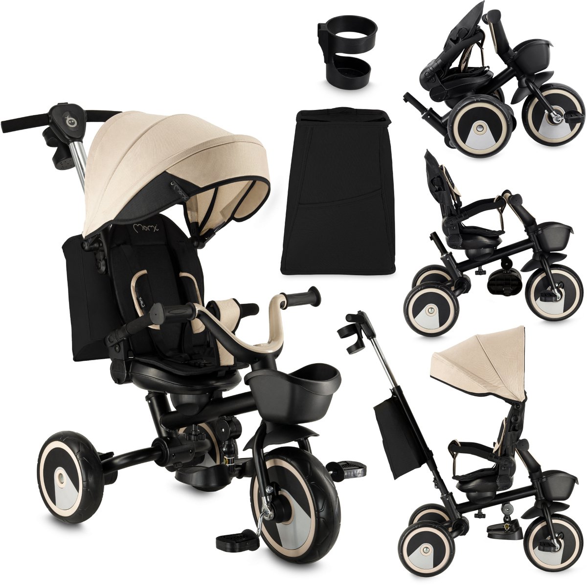 MoMi IVI - Driewieler met Duwstang - Omkeerbare Zitting - Opvouwbaar - Beige