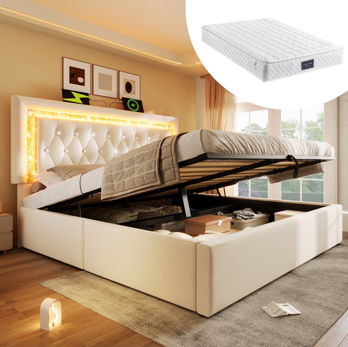 MEUNIQ gestoffeerd tweepersoonsbed 140x200 cm met matras, LED-hoofdbord, USB en Type-C, hydraulische opbergruimte, lattenbodem, beige slaapkamerbed
