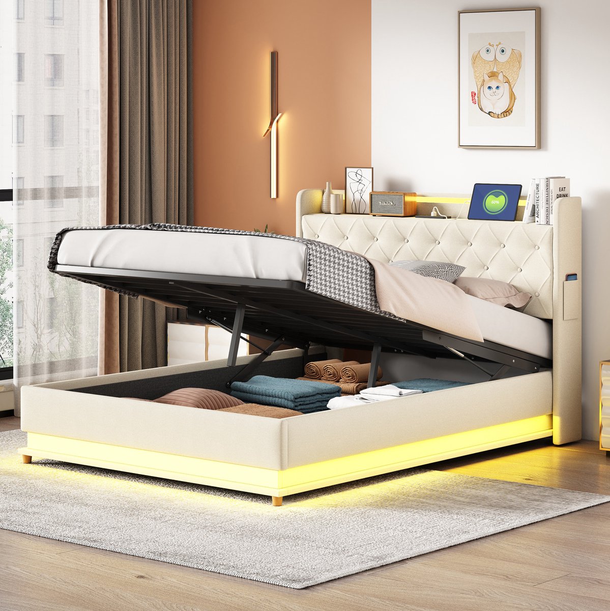 MEUNIQ normaal bed 140x200 cm met LED-verlichting, USB-laadpunt, hydraulische opbergruimte en metalen lattenbodem voor slaapkamer, beige stof