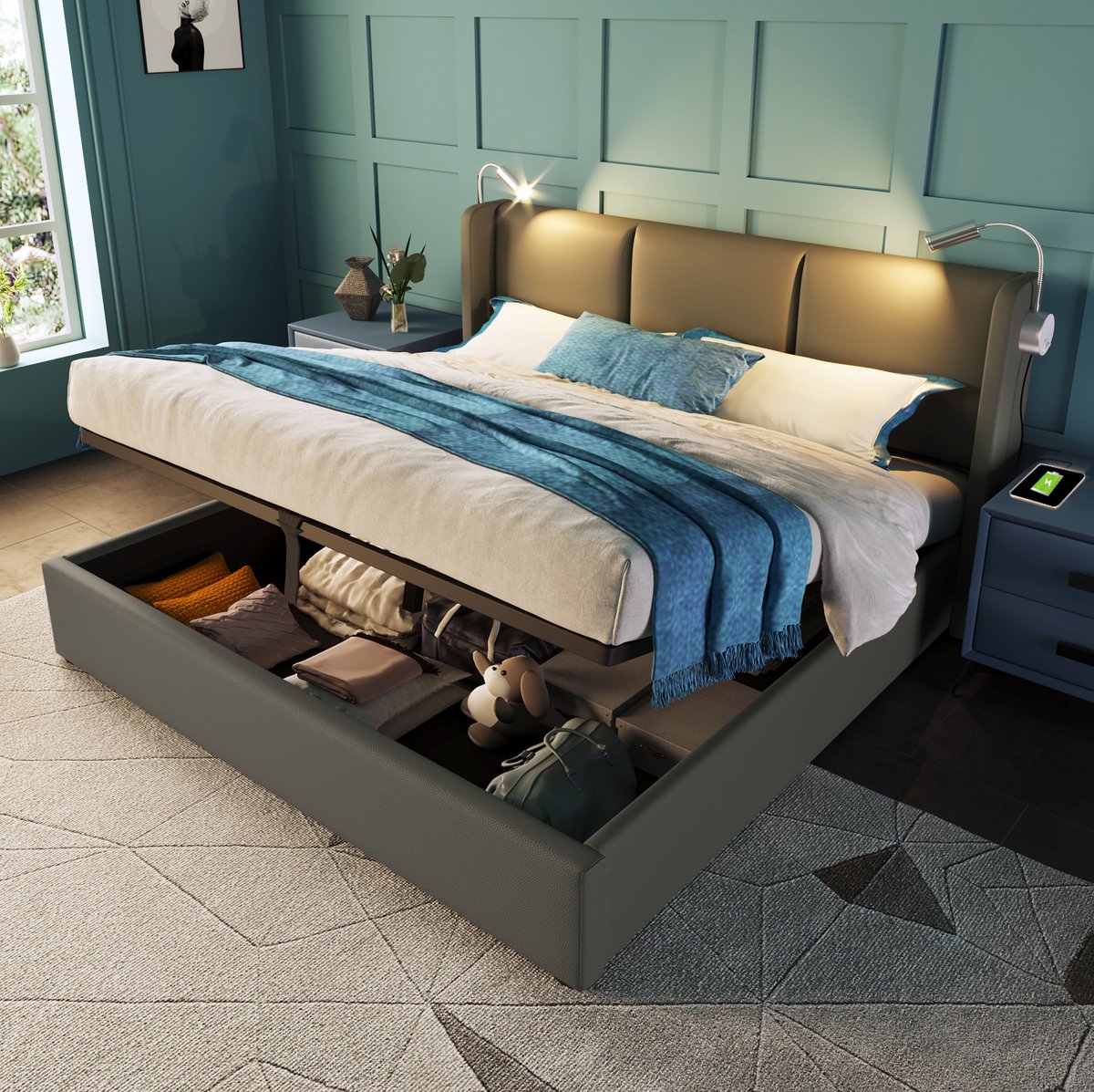 MEUNIQ gestoffeerd tweepersoonsbed 140x200 met opbergruimte, lattenbodem, leeslamp en USB-