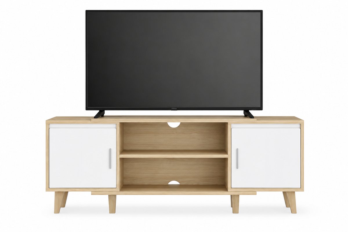 Home & Beyond® TV Meubel 140 cm - TV Kast met 2 Deuren & Open Vakken - TV Dressoir voor TV's t/m 65 Inch - Kabelmanagement - Wit/Eiken