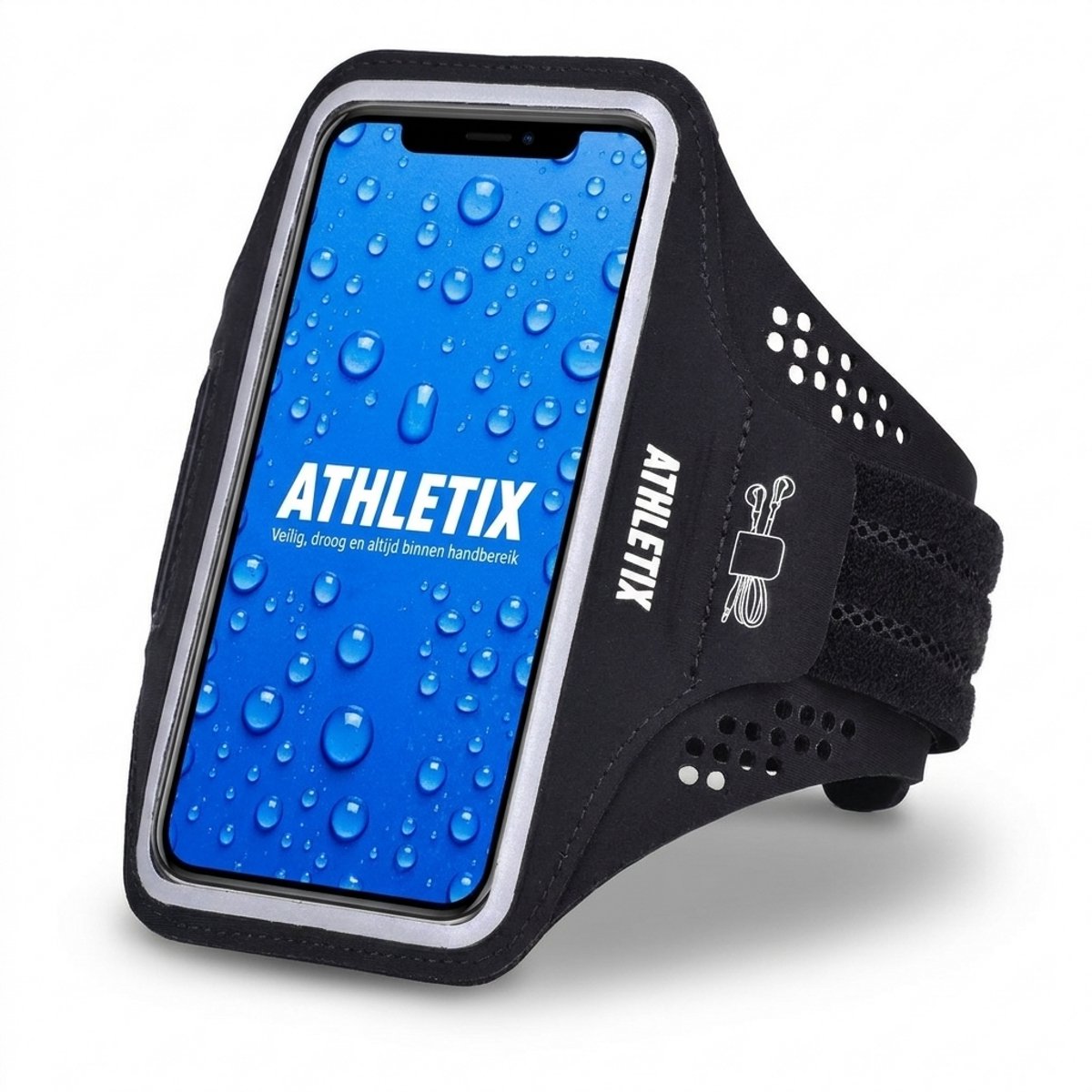 Athletix® - Universele Smartphone Hardloop Armband - Reflecterende Sportarmband - Inclusief ruimte voor 10 pasjes en 2 sleutels- Hardloopband - Smartphone Houder / Geschikt voor iPhone 11 Pro / XS / X / 8 / 7 / 6S / 6 - 100% Spatwaterdicht - Zwart