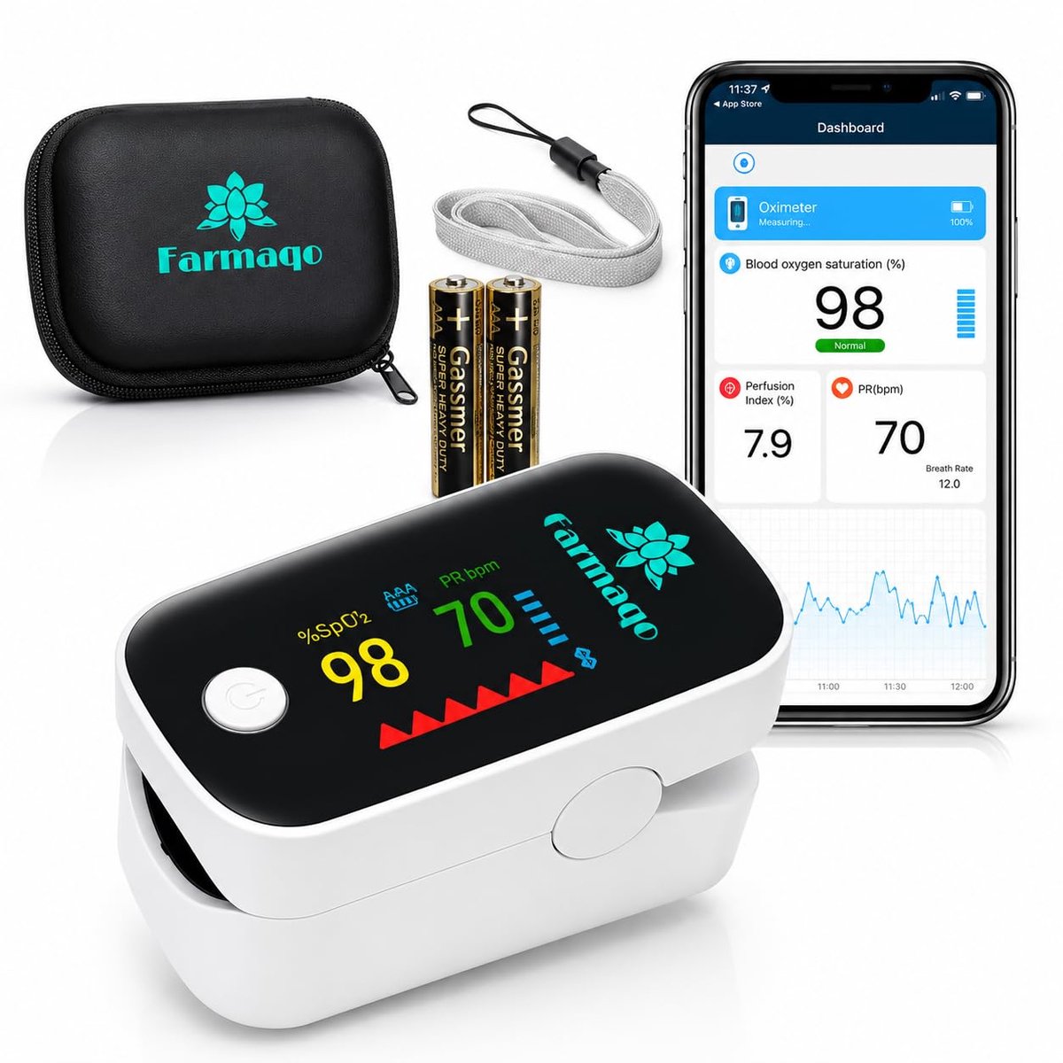 Vingertop Saturatiemeter - Pulsoximeter App - Gezondheid Monitoren - Bluetooth Connectiviteit - 8 Seconden Resultaat - Wit Grijs