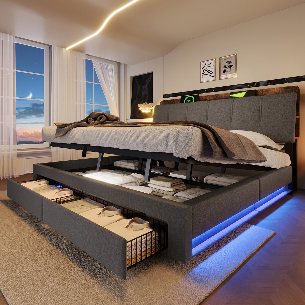 Merax Gestoffeerd bed 180x200 cm - met USB Type-C oplaadfunctie - met opbergruimte en LED-verlichting - grijs - zonder matras