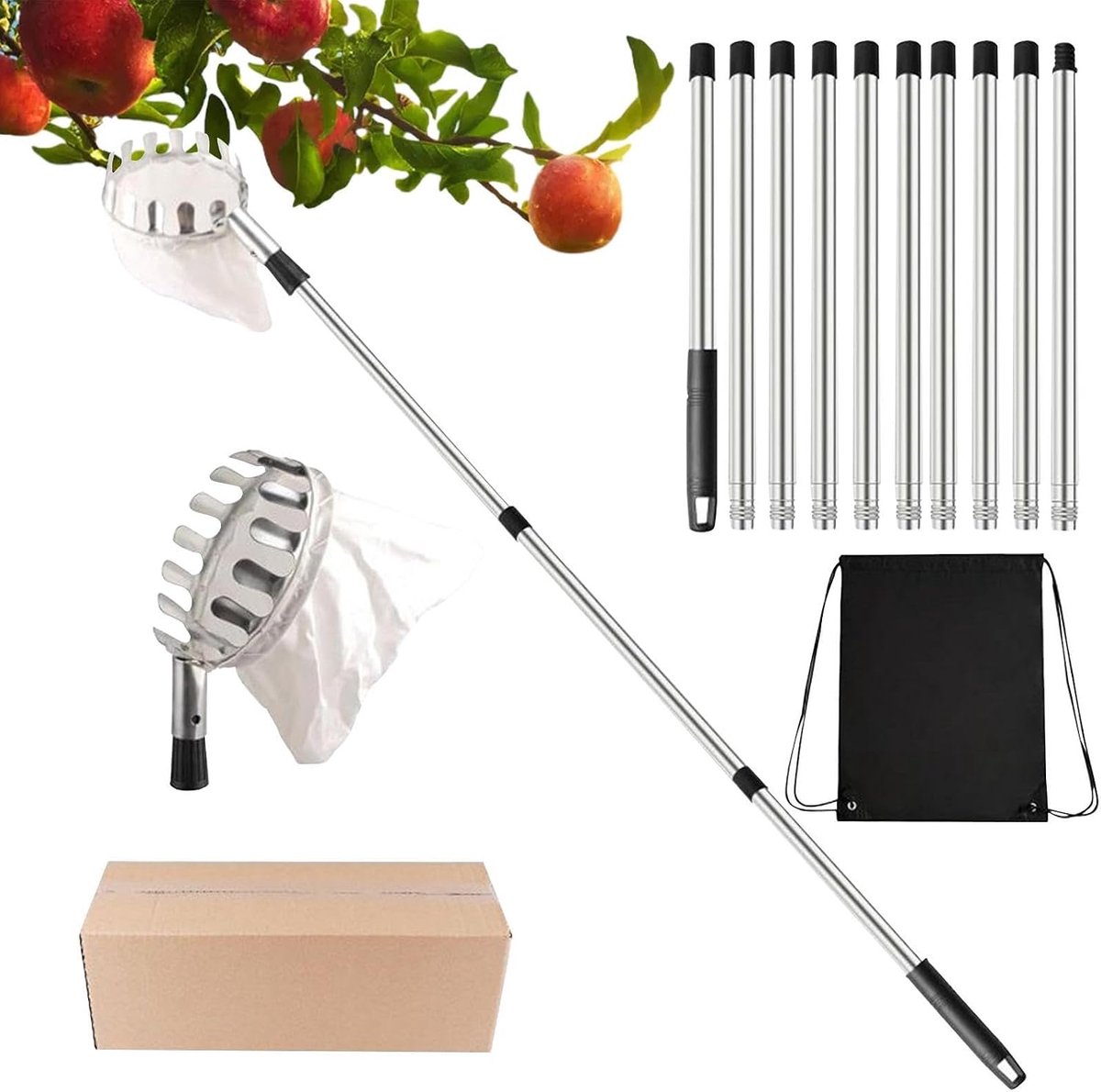 Fruitboomplukker - Oogststok - Fruit Verzamelen - Verstelbaar Bereik - Tot 4 meter - Grijs