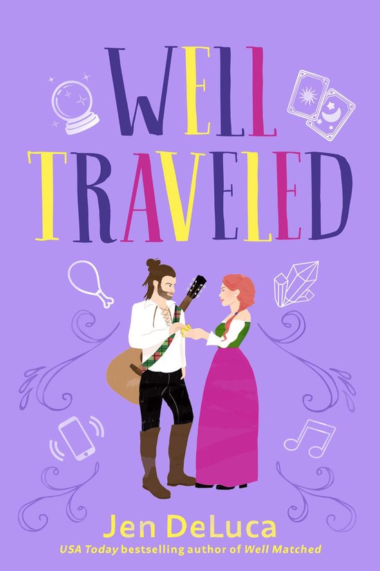 Boekcover 'Well Traveled' met een man met gitaar en vrouw, omringd door symbolen zoals tarotkaarten en kristallen.