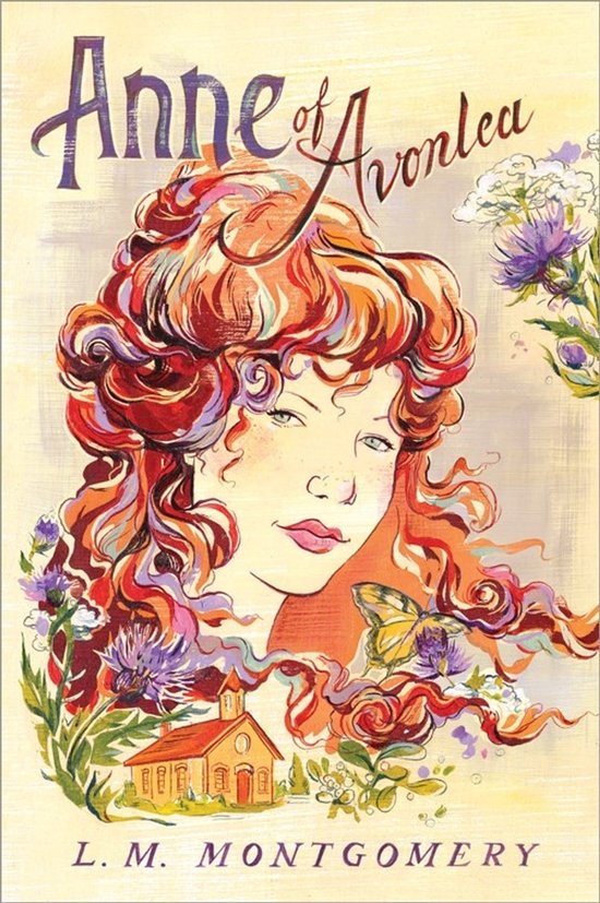 Illustratie van een jong meisje met lang, warrig rood haar. Omringd door paarse bloemen en een vlinder. Titel 'Anne of Avonlea'.