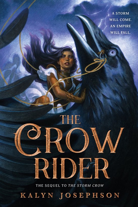 Boekcover van 'The Crow Rider', met een jonge vrouw met paars haar op de rug van een grote zwarte kraai, tegen een stormachtige hemel.