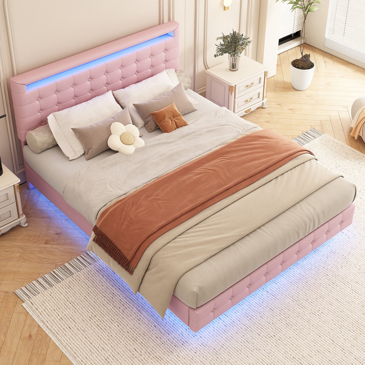 MEUNIQ tweepersoons bed 140x200 cm met LED-verlichting, verstelbaar hoofdbord in 3 hoogtes, zwevend design en lattenbodem voor slaapkamer, roze