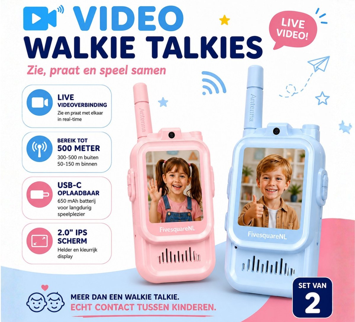 FivesquareNL Video Walkie Talkie voor Kinderen – Real-Time Videochat – 2.0" IPS Scherm – 300-500 Meter Bereik – Oplaadbaar – Set van 2 – Roze & Blauw