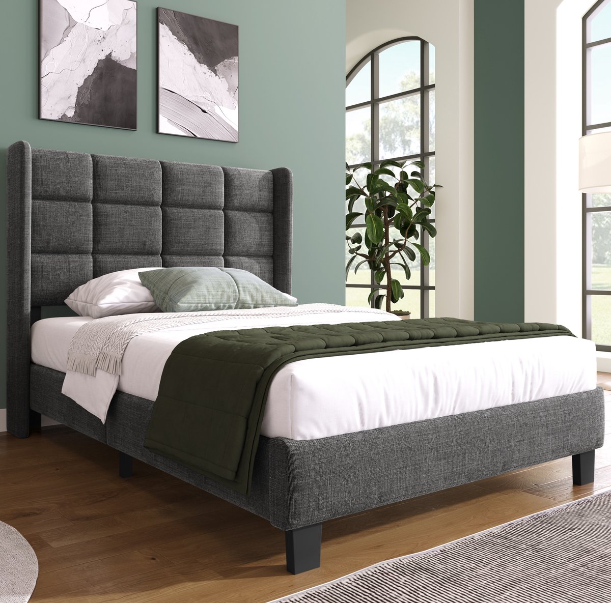 MEUNIQ gestoffeerd eenpersoonsbed 90 x 200 cm met lattenbodem en pocketveringmatras, hoog hoofdbord, grijze stof, slaapkamer Grijs