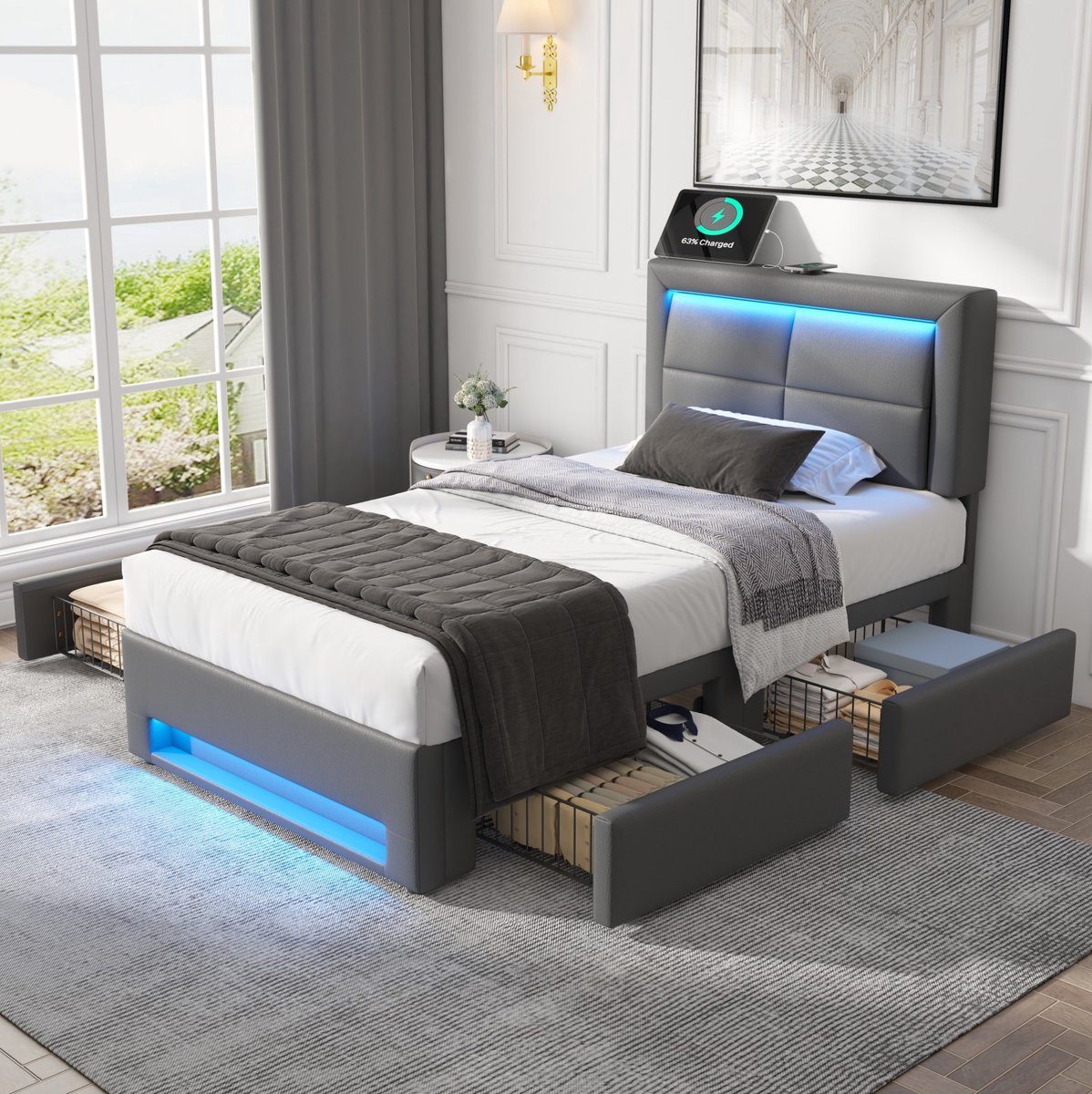 MEUNIQ gestoffeerd eenpersoonsbed 90x200 cm met lattenbodem, USB-oplaadpunt, LED-verlichting en 4 lades, bedframe voor slaapkamer, grijs