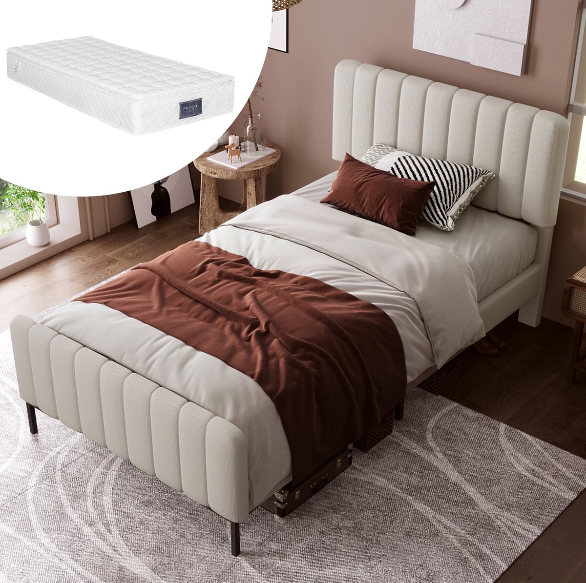 MEUNIQ eenpersoons bedframe 90 x 200 cm met lattenbodem en verstelbaar hoofdeinde, gestoffeerd bed in grijs-beige voor slaapkamer of logeerkamer