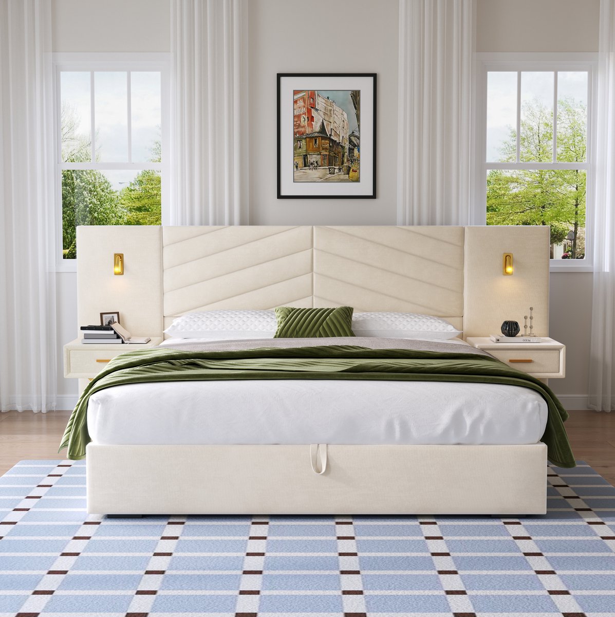 MEUNIQ tweepersoons bed 160x200 cm met opbergruimte, 2 nachtkastjes en 2 LED-lampen, bedframe 266x205x117 cm voor slaapkamer, beige wit