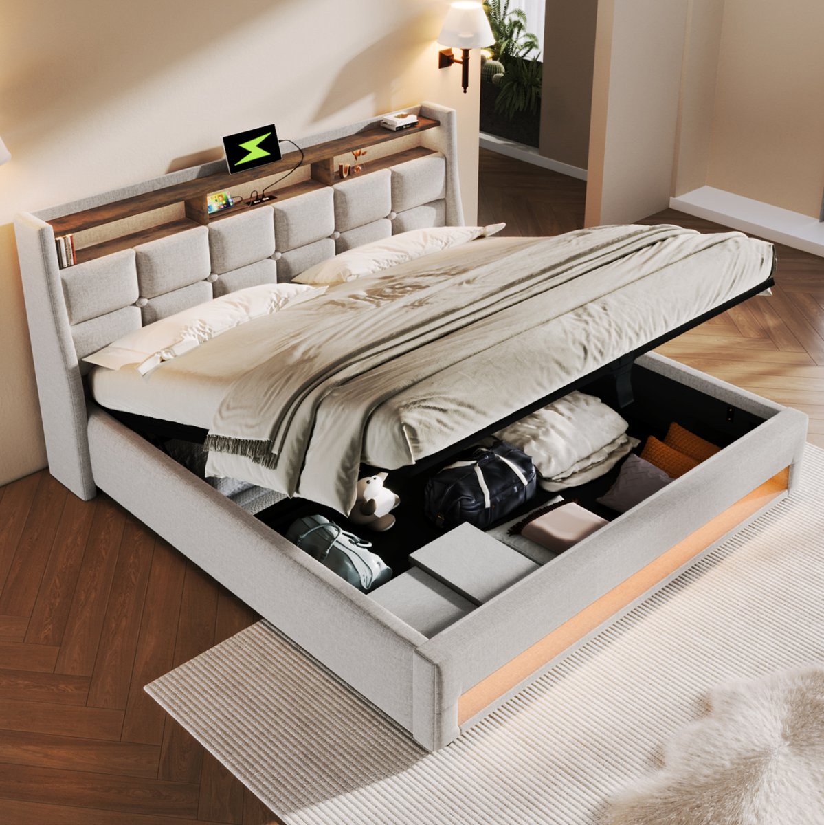 MEUNIQ gestoffeerd tweepersoons bed 160x200 cm met LED, 2 USB-poorten, lattenbodem en opbe