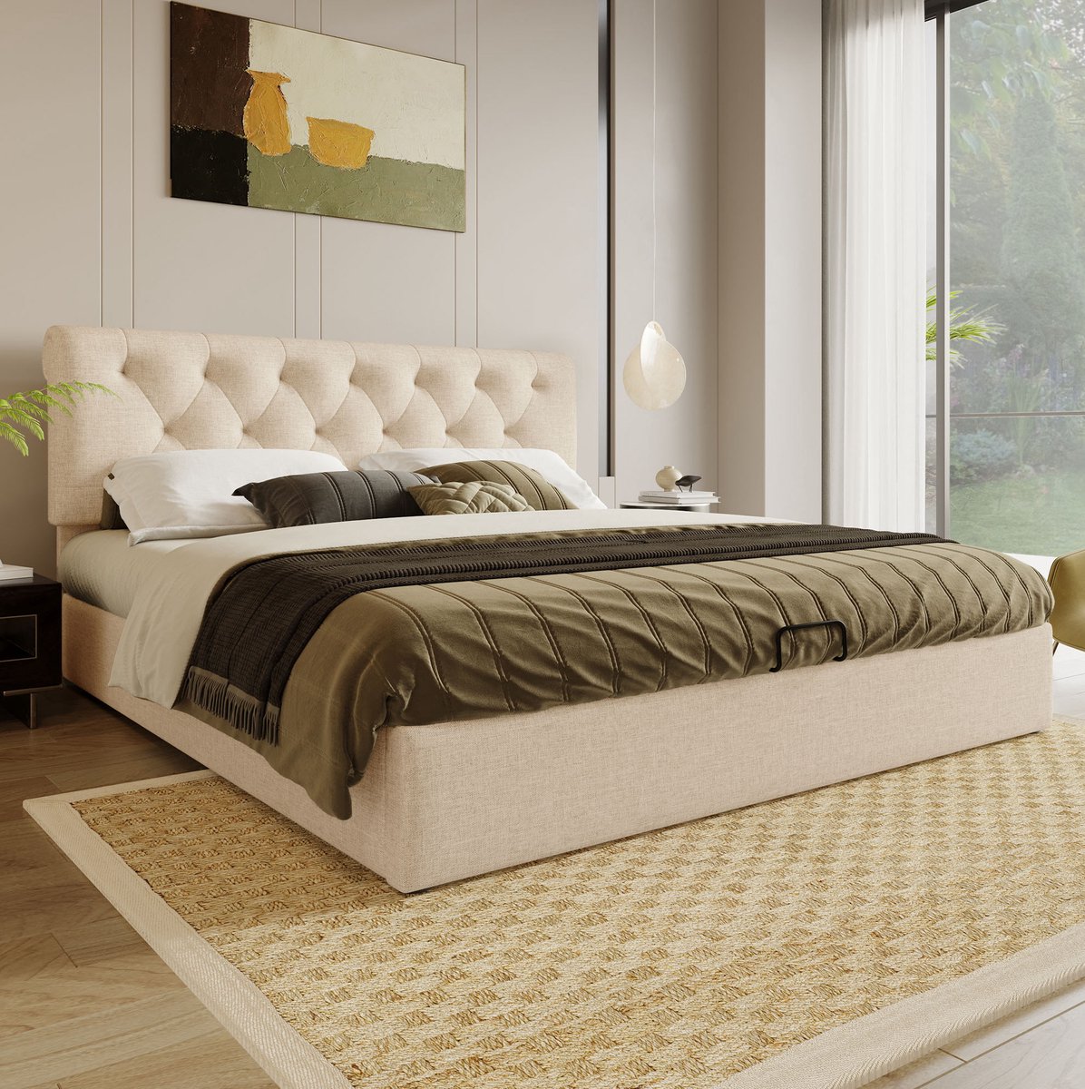 MEUNIQ Gestoffeerd bed 140x200 cm met hydraulische opbergruimte, verstelbaar hoofdbord en metalen lattenbodem, slaapkamer, naturel