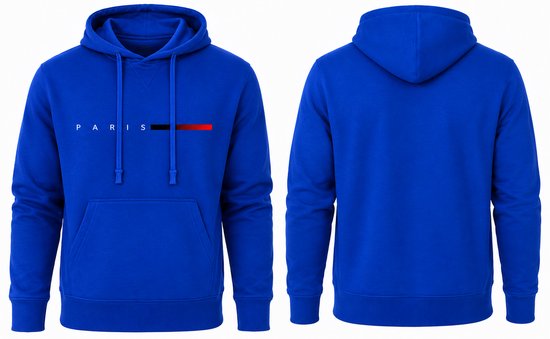 Koningsblauwe hoodie met 'PARIS' opdruk en rode en zwarte strepen. Van voren en van achteren.