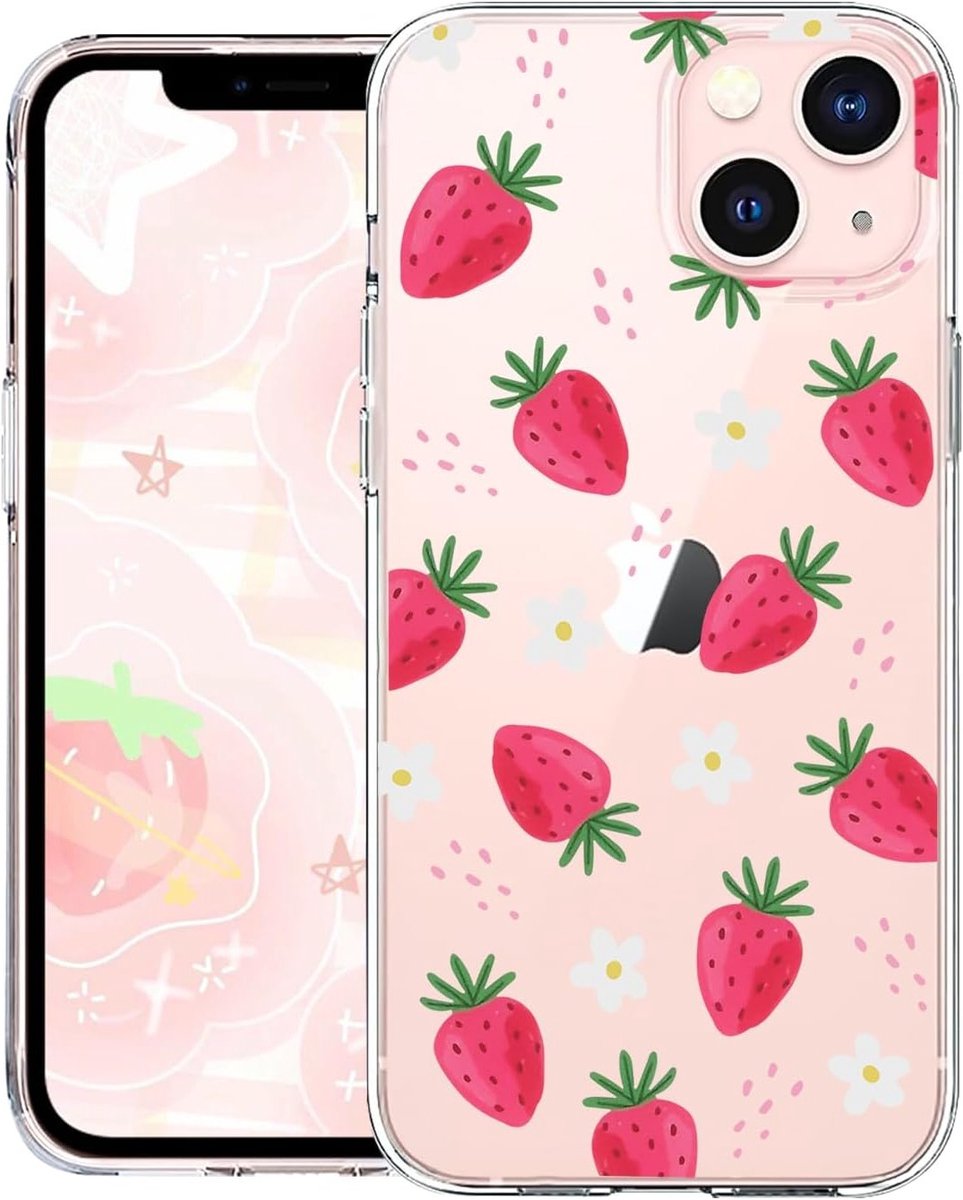 Dunne, transparante shockproof beschermhoes voor iPhone 13 met schattig fruitdesign en aardbeienpatroon, ideaal voor vrouwen