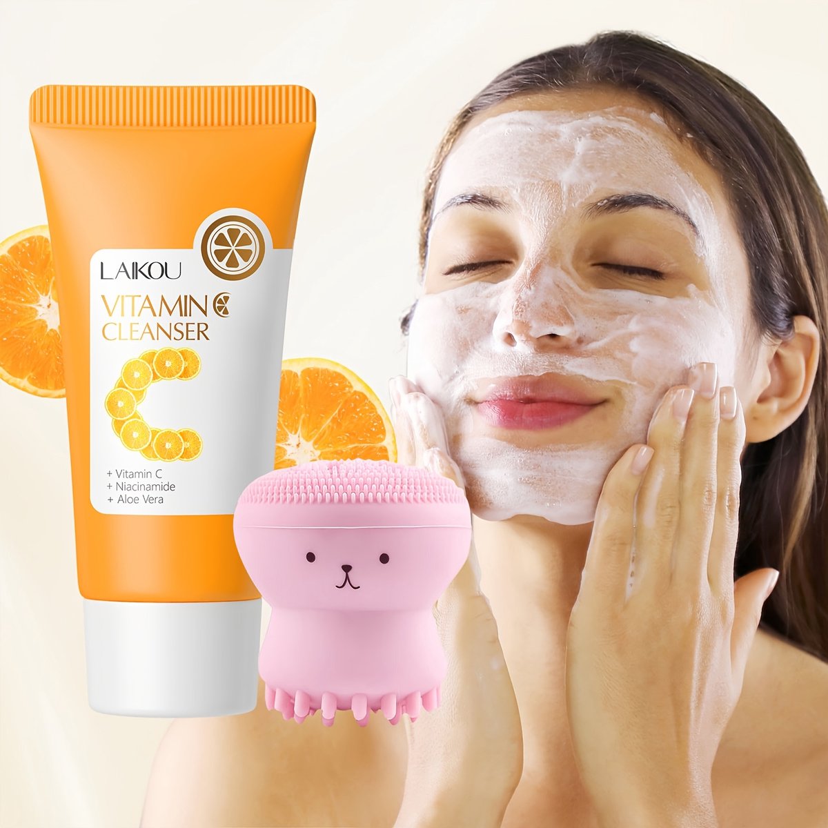 LAIKOU Vitamin C Gezichtsreiniger met Siliconen Gezichtsborstel - 50g - Diepe Reiniging - Niacinamide & Aloë Vera