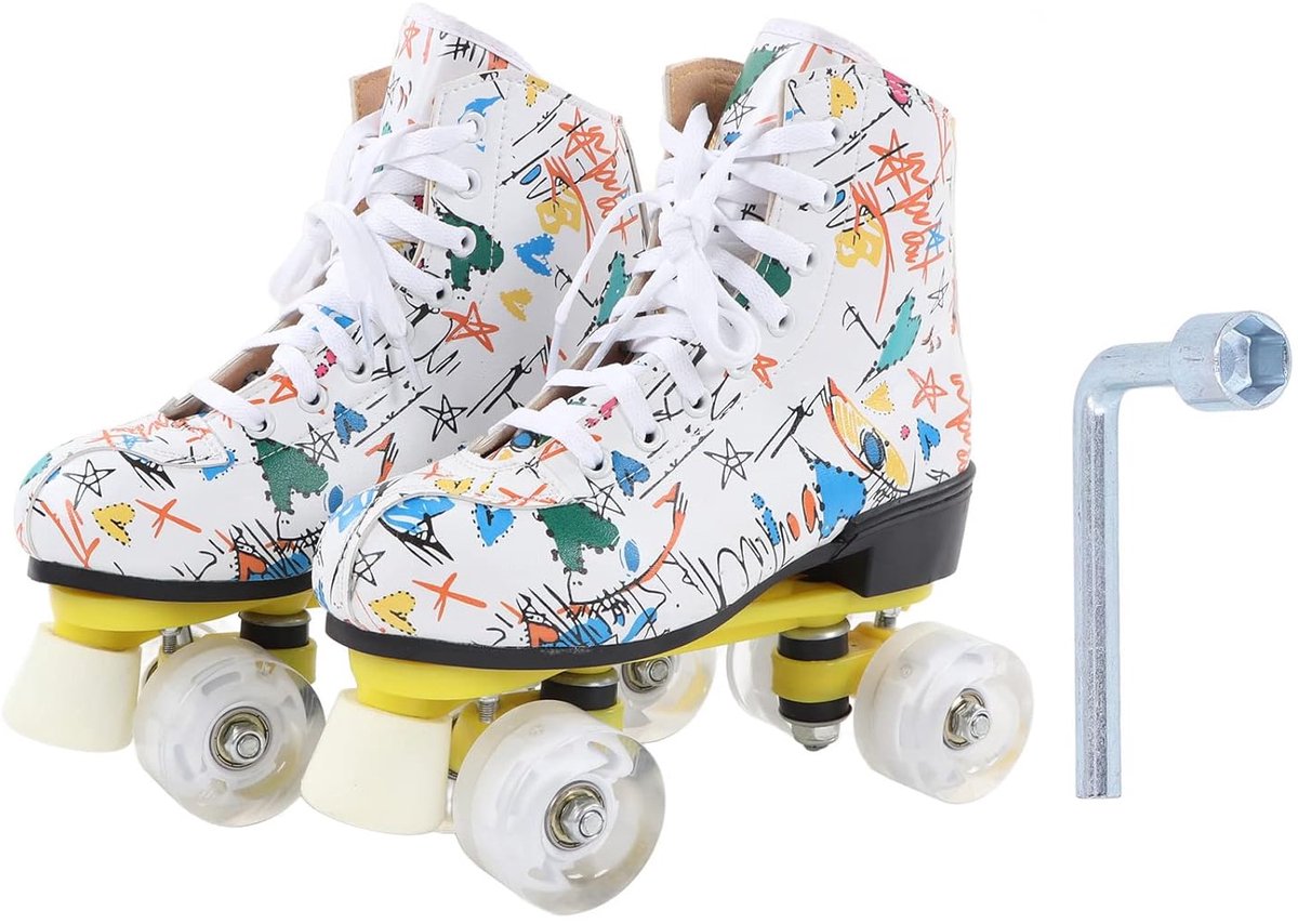Dubbele Rij Rolschaatsen Schaatsschoenen Kinderen Buiten Skaten Voorste Steunkolom – Witte Graffiti