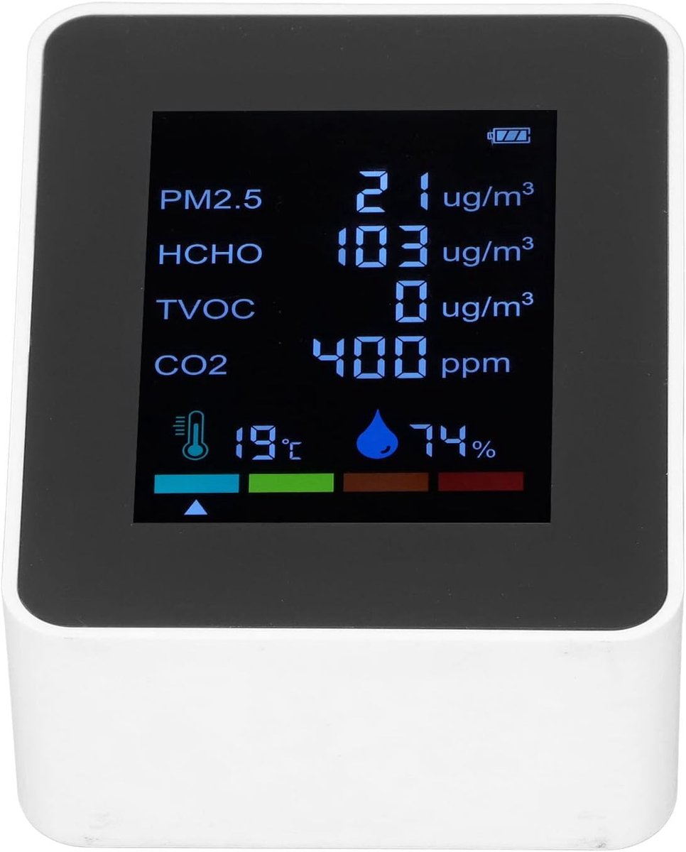 Luchtkwaliteit Monitor - CO2 Meter - Binnen Milieu Testen - Multifunctioneel 6-in-1 - 9x7x3.4cm - Wit