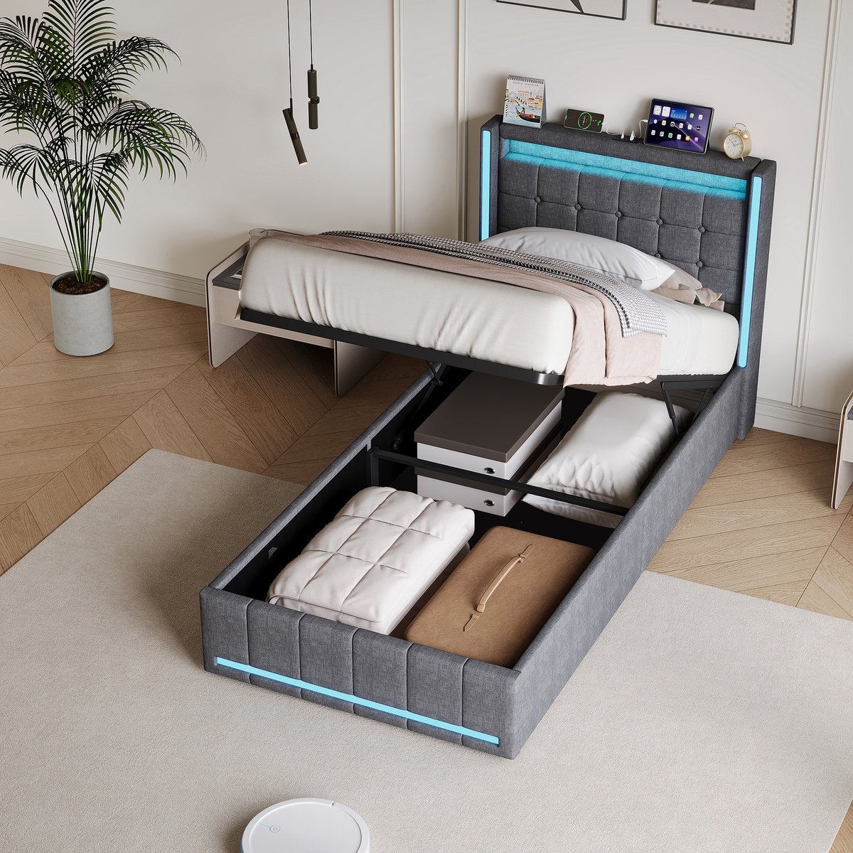 Eenpersoonsbed Opbergbed 90x200 cm met LED en USB, Hydraulisch Opbergruimte - Kinderbed Gestoffeerd Bedframe voor tieners en volwassenen, Grijs Linnen (Zonder Matras)