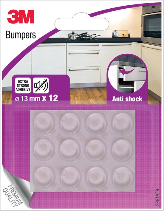 Verpakking met 12 transparante 3M bumpers, 13 mm doorsnede, met extra sterke anti-shock kleefkracht.