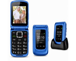 4G Senioren GSM Klaptelefoon + Extra Accu Geleverd + Oplaadstation - Dual Sim - Dual Scherm - Big Button Mobiele Telefoon - Grote Toetsen & Cijfers - SOS Knop - Mobiel - Ouderen - Blauw