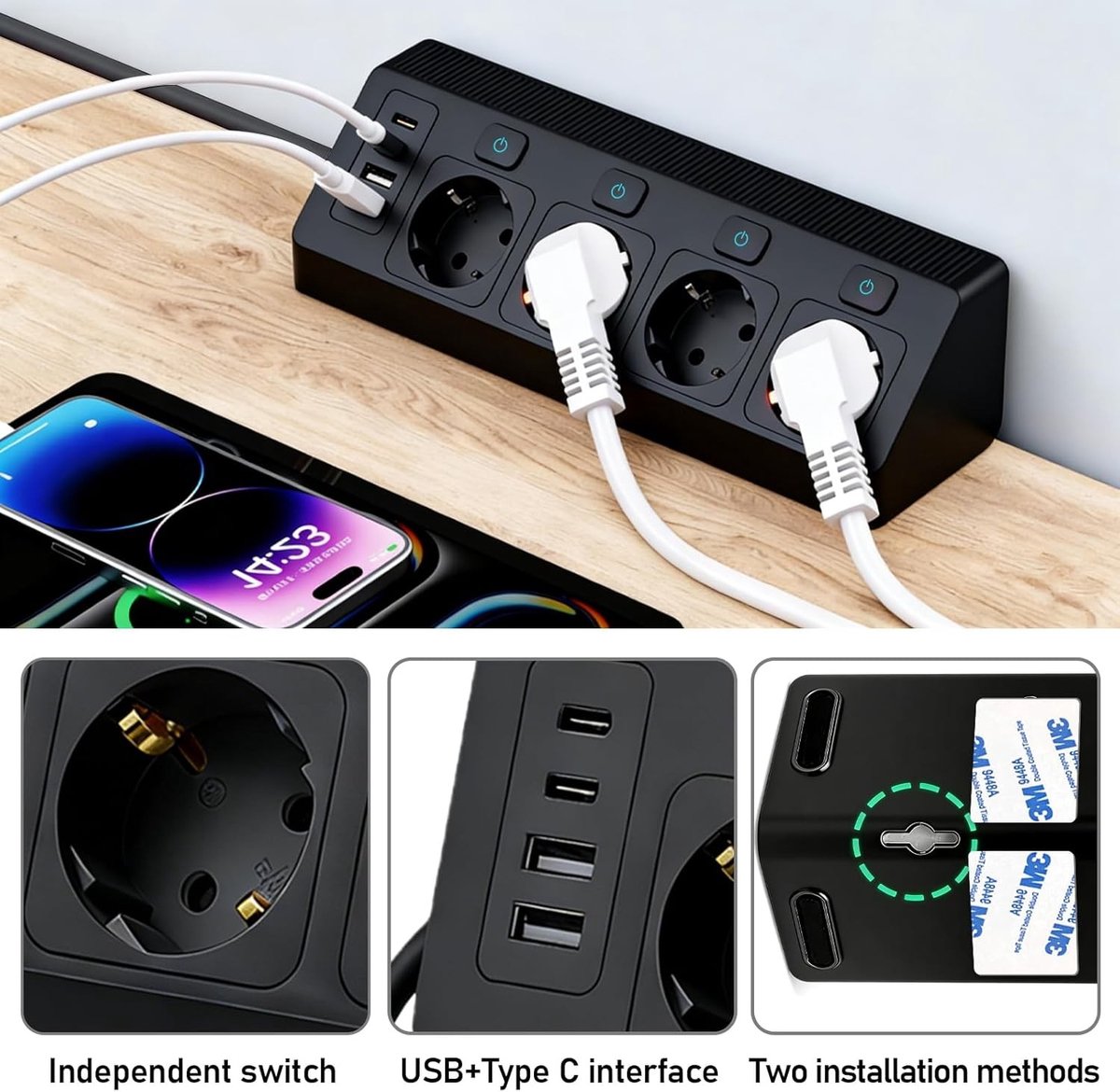 4-voudige Stekkerdoos - Zwart - 4 AC-stopcontacten - 2 USB A en 2 USB C - Voor Keuken en Bureau