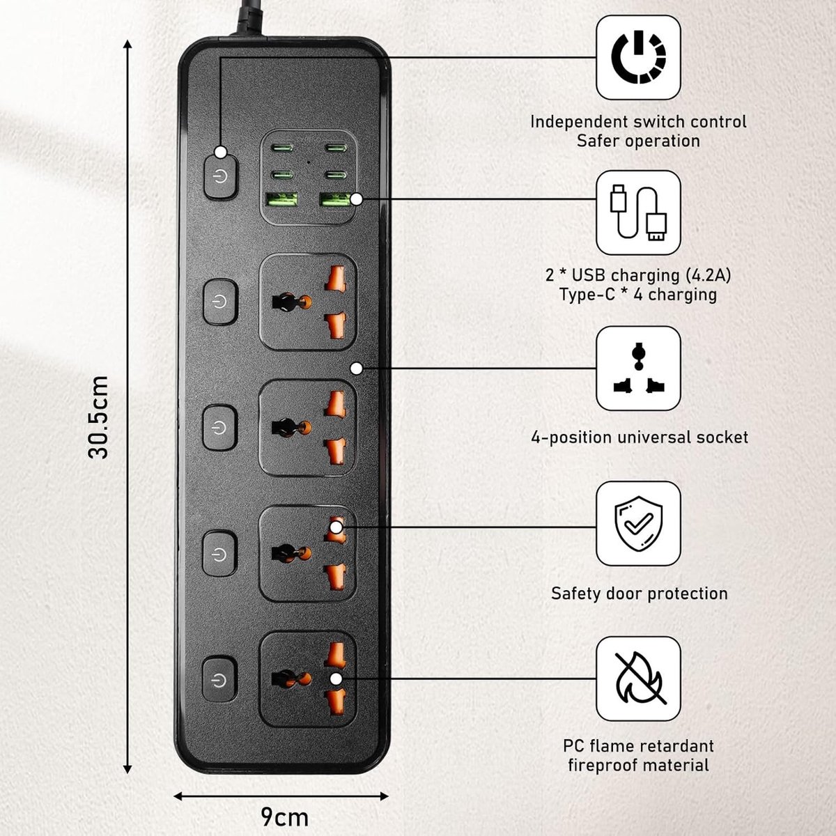Stekkerdoos met USB-C en USB-poorten - Zwart - 4 USB-C en 2 USB-poorten - Met schakelaar - Voor Thuis en Kantoor