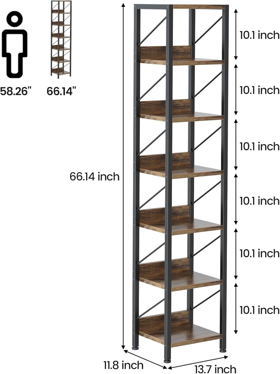 Smalle boekenplank -vintage hoekplank met 6 planken- slanke industriële opbergplank van hout en metaal met anti-kantelmechanisme voor woonkamer- kantoor--30x30x168 cm