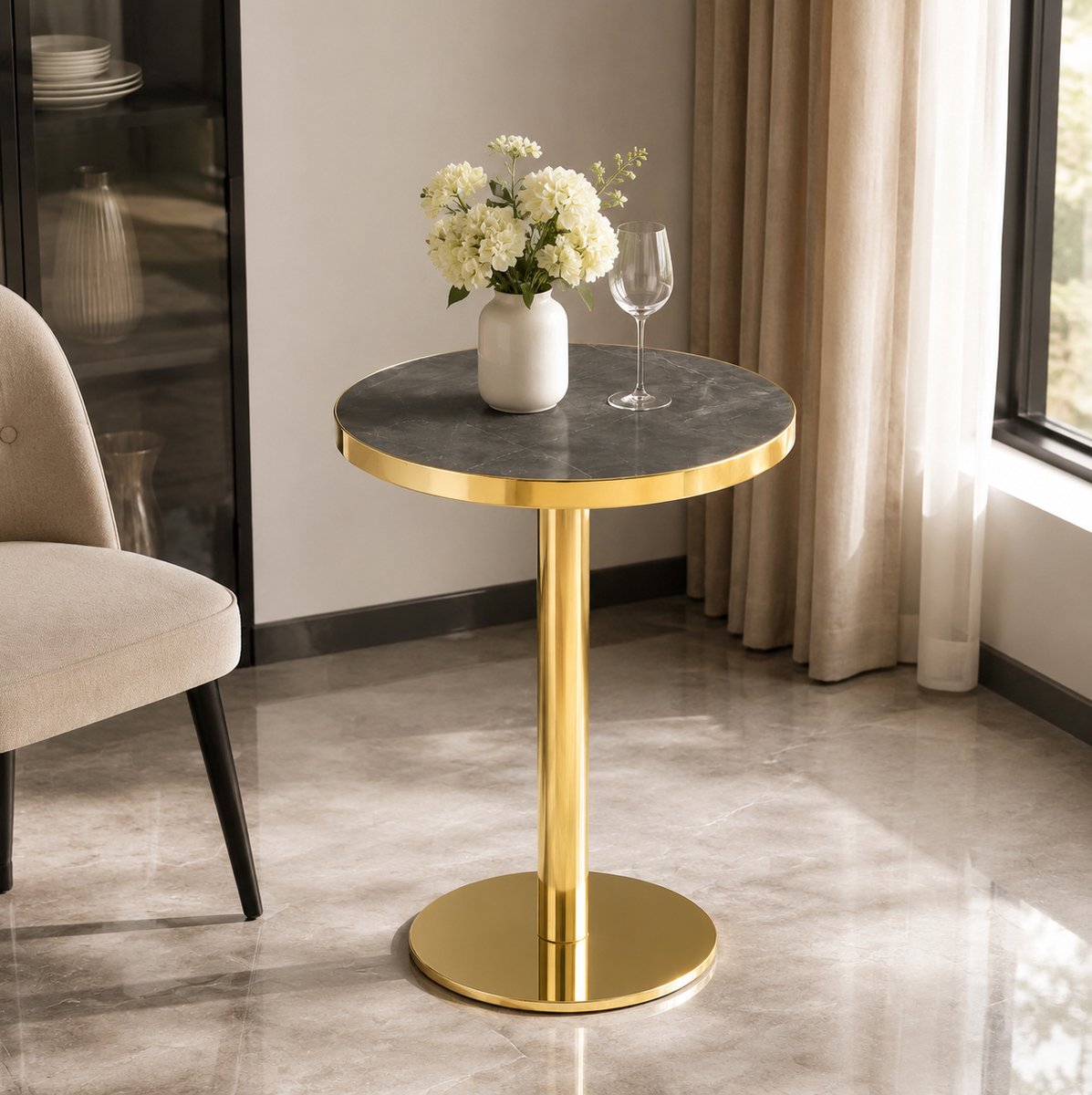 HAUSS SPOLE Bijzettafel - Ronde Marmerlook Tafel Met UV Tafelblad - Modern Voor Woonkamer En Slaapkamer - MDF En RVS - 60x60x73,5 Cm - Grijs Goud