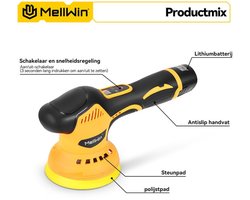 Mellwin- Auto polijstmachine - Draadloze poetsmachine -Auto Detail en wax set - 12v accu -12-delige Autopoetskit-8 Snelheden
