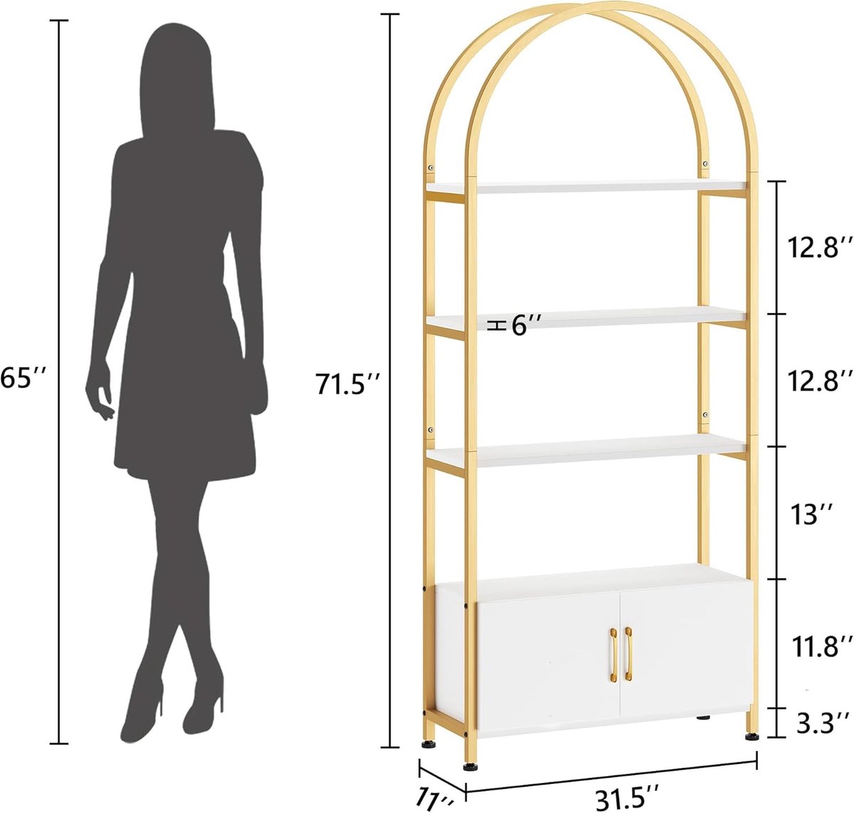 Gebogen boekenkast met opberg deuren-open stellingkast met 4 planken en stevig metalen frame-vrijstaande displaykast voor woonkamer-slaapkamer of thuiskantoor-wit en goudkleurig