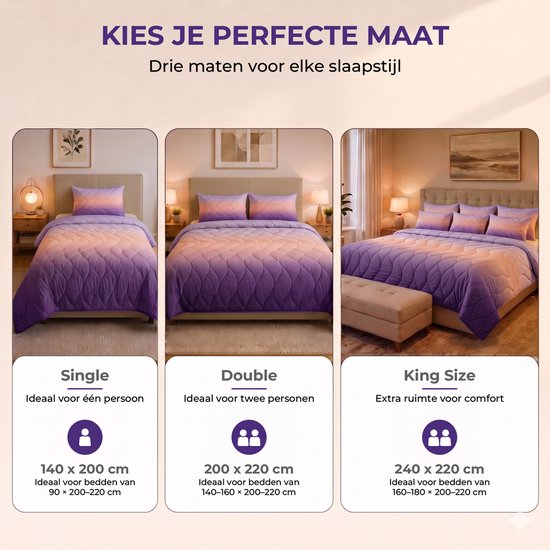 Drie bedden in verschillende maten (single, double, king size) opgemaakt met hetzelfde paarse, roze en oranje gradiënt dekbed.