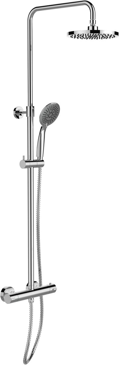 WENKO Doucheset Young Eco in chroom met Regendouche Ø20cm, RVS Douchestang uitschuifbaar van 75-120cm, Douchekophouder, Douchekop Ø11cm met 5 standen, Doucheslang 150cm en Thermostatische douchekraan - Waterbesparend - Regendoucheset - Douchesysteem